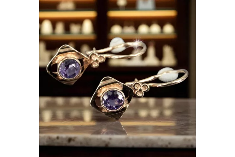 14К рожеве червоне золото 14k 583 Alexandrite Сережки vec017r Російський Радянський СРСР Вінтаж прикраси Ар-деко style